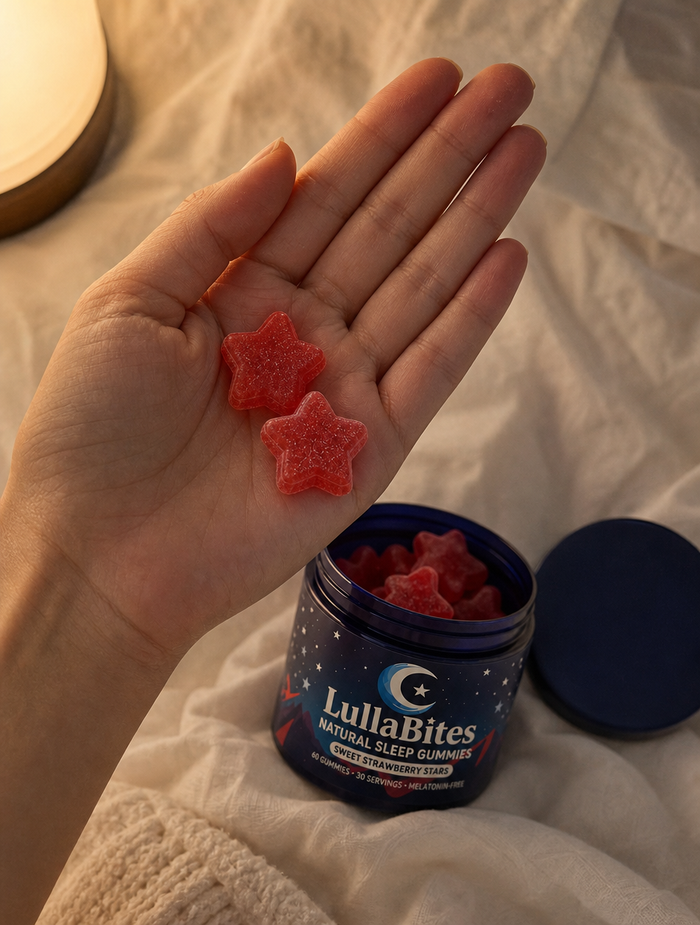 Gomitas LullaBites de fresa en la mano