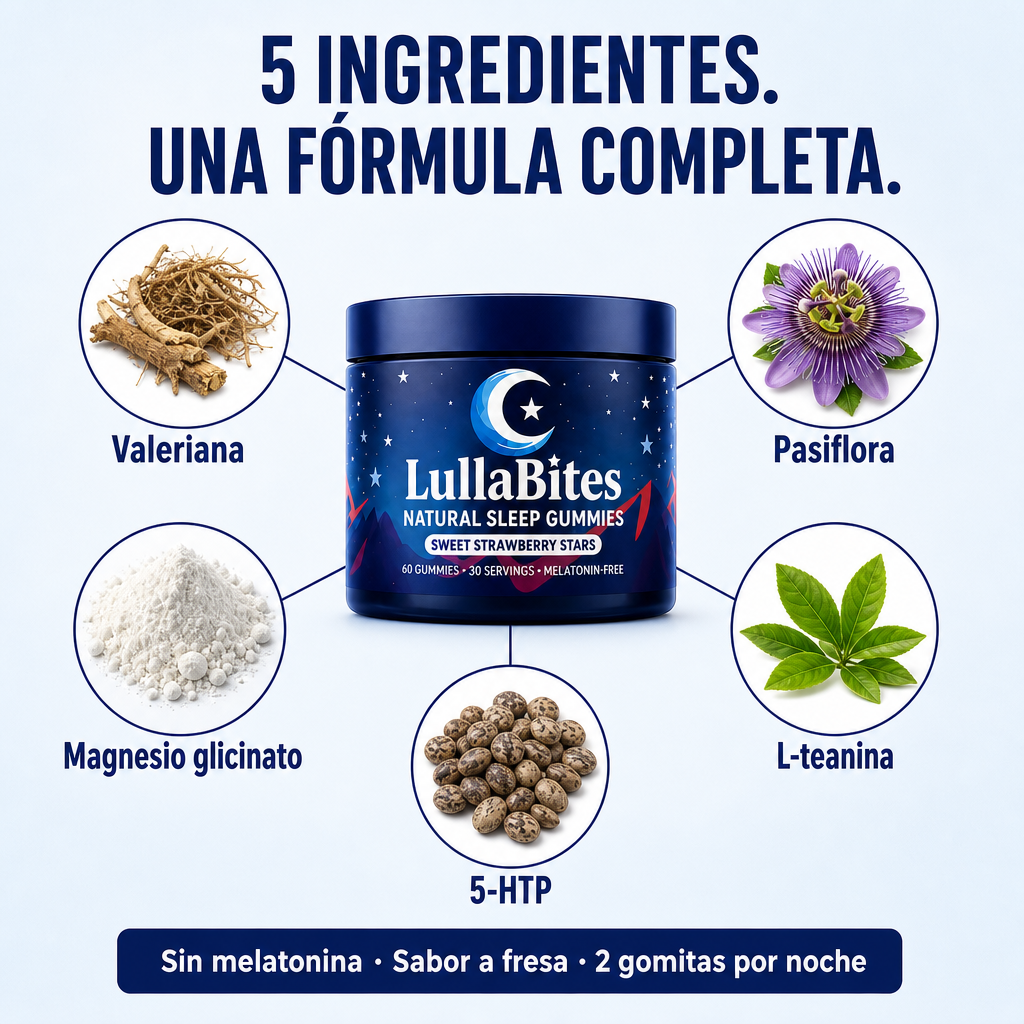 5 ingredientes de LullaBites: valeriana, pasiflora, magnesio glicinato, L-teanina y 5-HTP