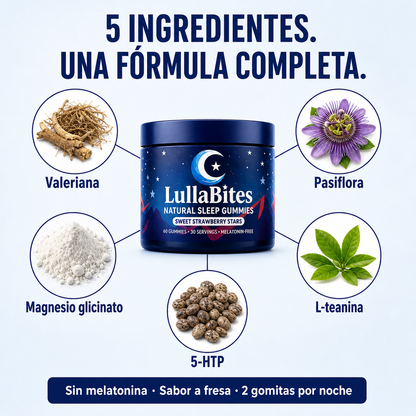 5 ingredientes de LullaBites: valeriana, pasiflora, magnesio glicinato, L-teanina y 5-HTP