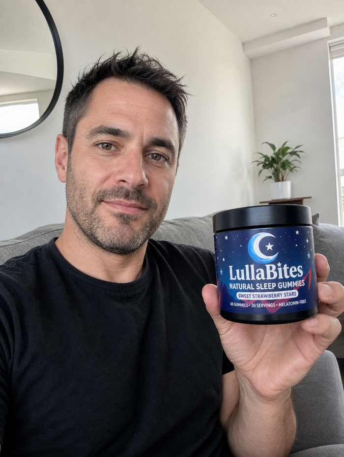 Hombre sosteniendo un frasco de LullaBites
